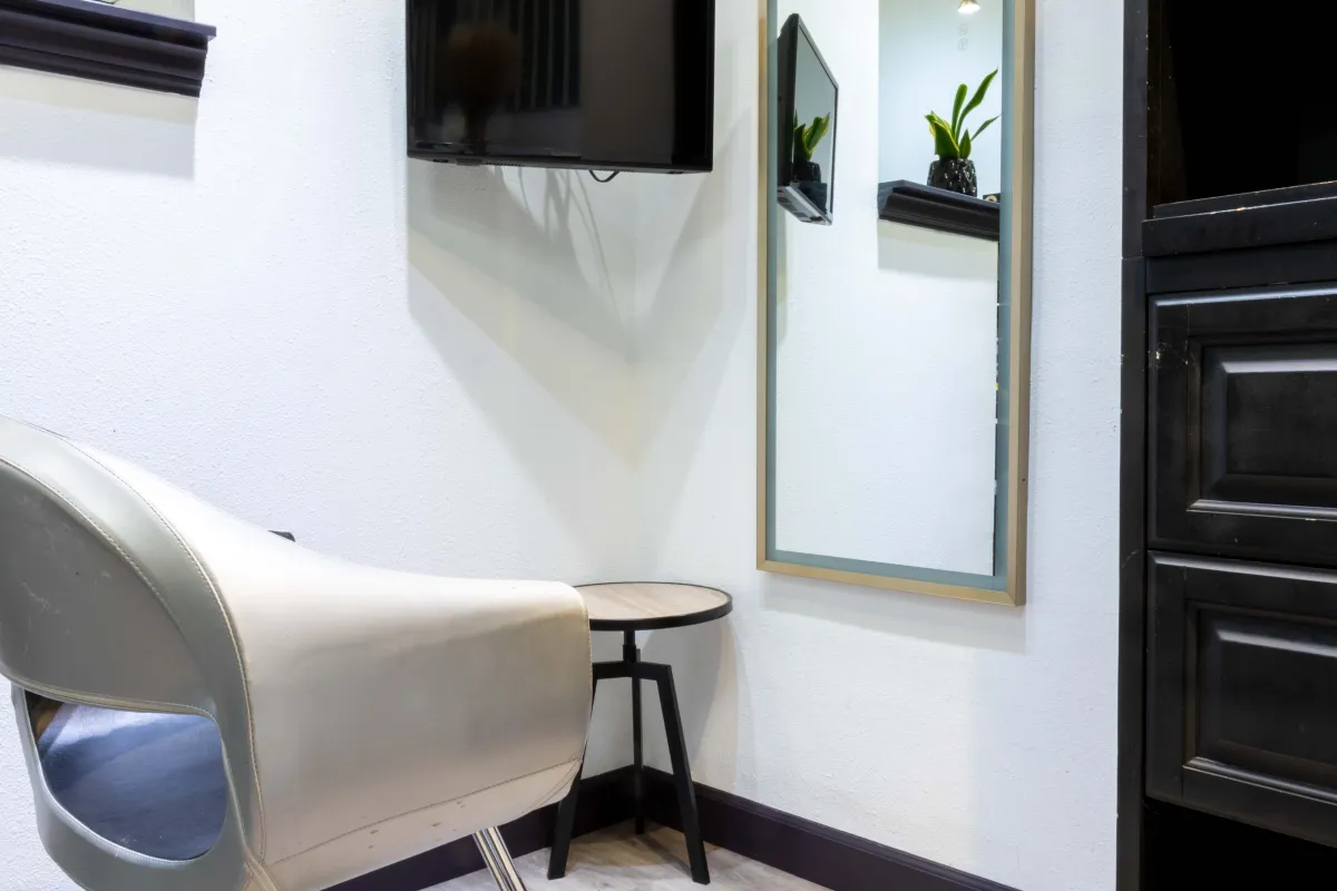 Booth detail — storage and shelving